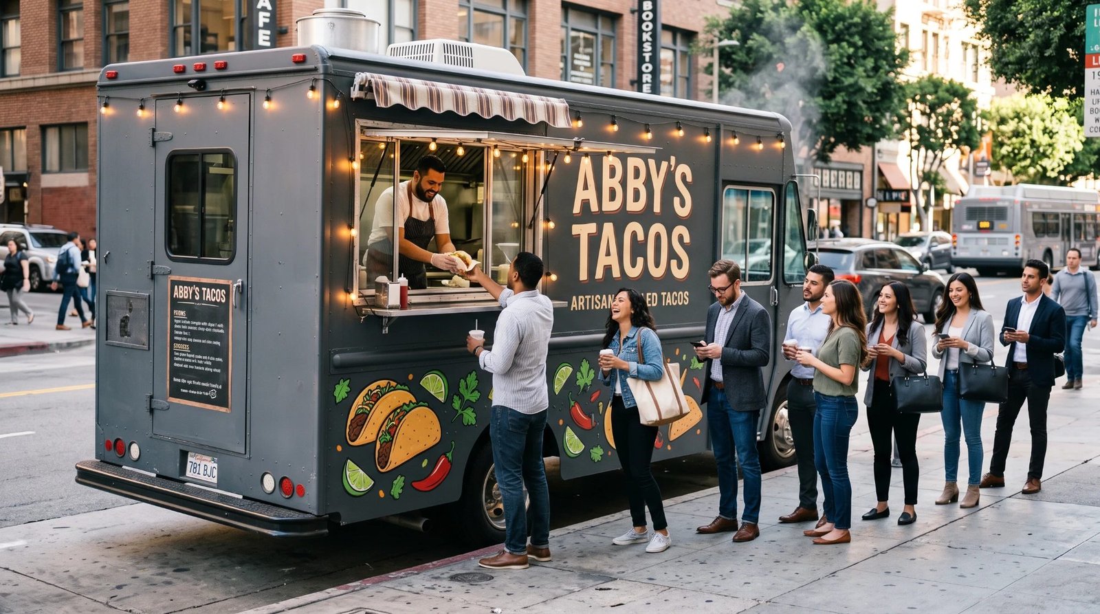 A branded food truck with bold custom lettering and illustrated tacos, serving a line of customers on a city street