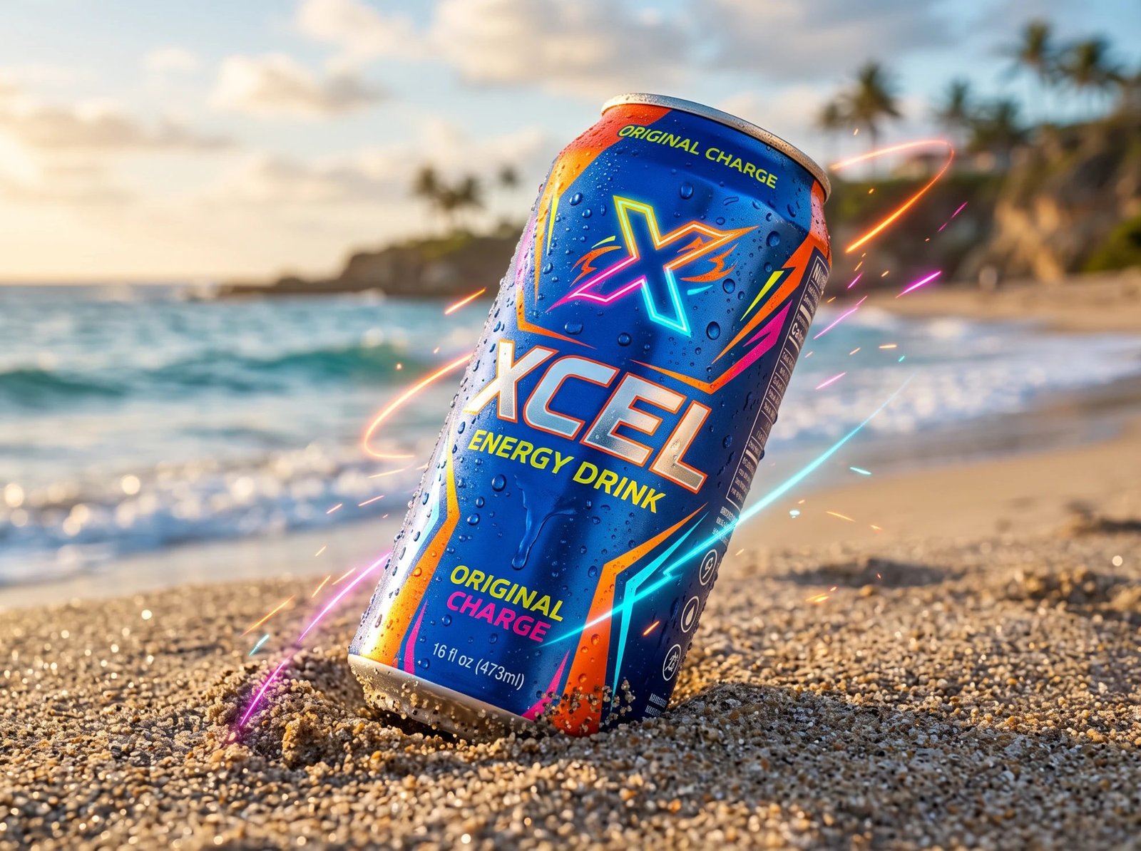 A brightly designed energy drink can with a glowing logo, standing in the sand on a beach at sunset