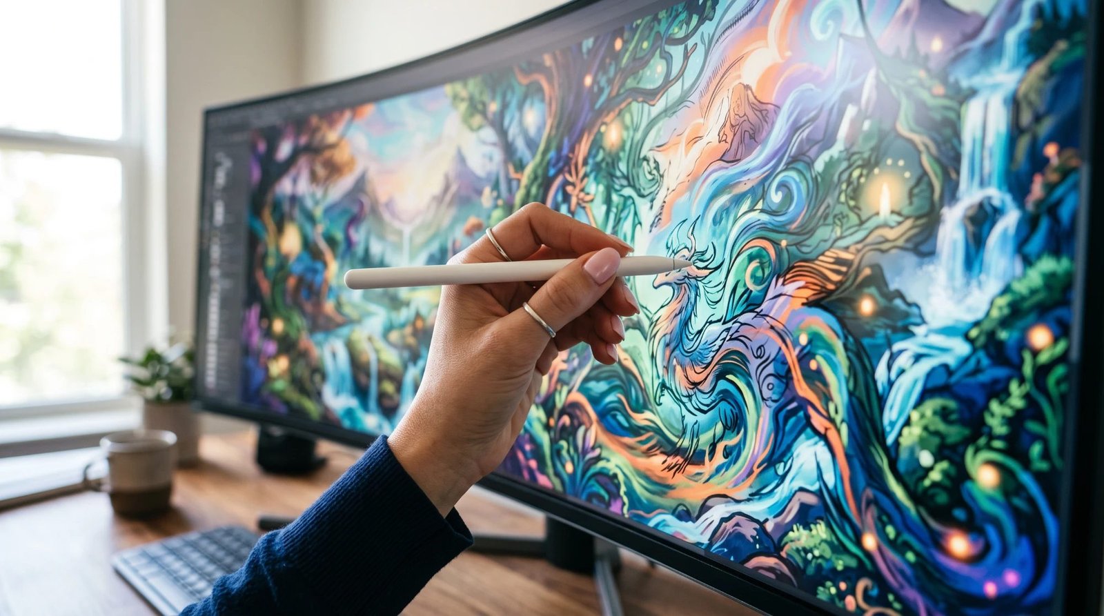 A designer's hand drawing a colorful fantasy illustration with a stylus on a wide curved monitor